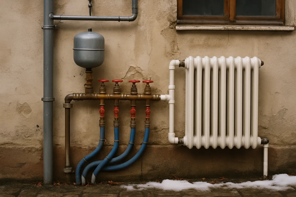 Colector de calefacción y radiador junto a tuberías en una vivienda de Burgos con nieve en el exterior