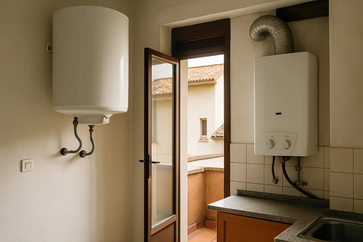 Termo eléctrico y calentador de gas instalados en la cocina de un piso