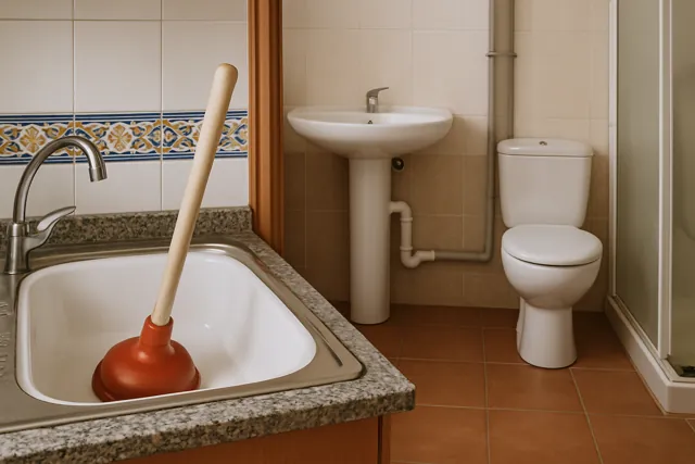 Desatascador de ventosa en un fregadero atascado, con lavabo e inodoro al fondo