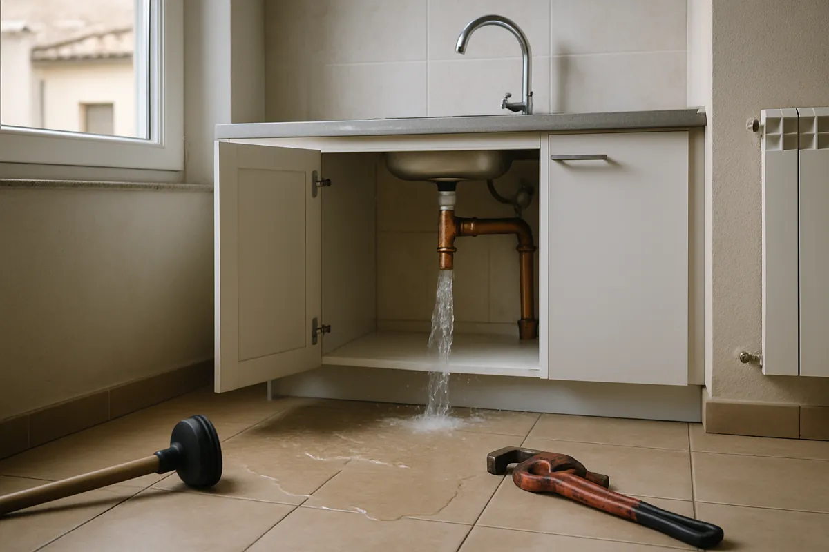 Fuga de agua bajo el fregadero de una cocina con herramientas de fontanería en el suelo