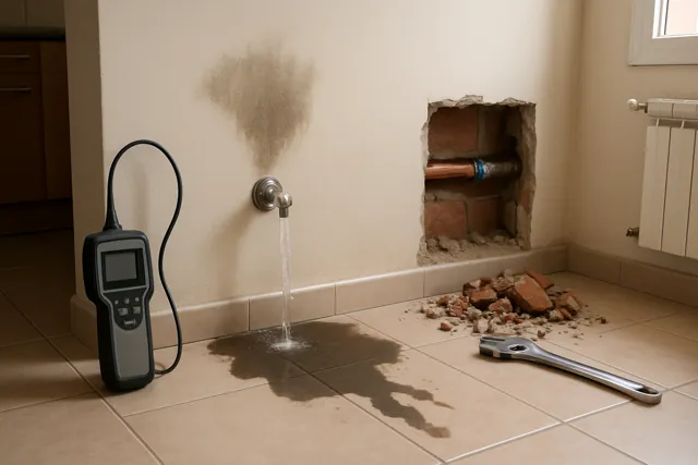 Mancha de humedad en la pared y detector de fugas junto a una tubería al descubierto