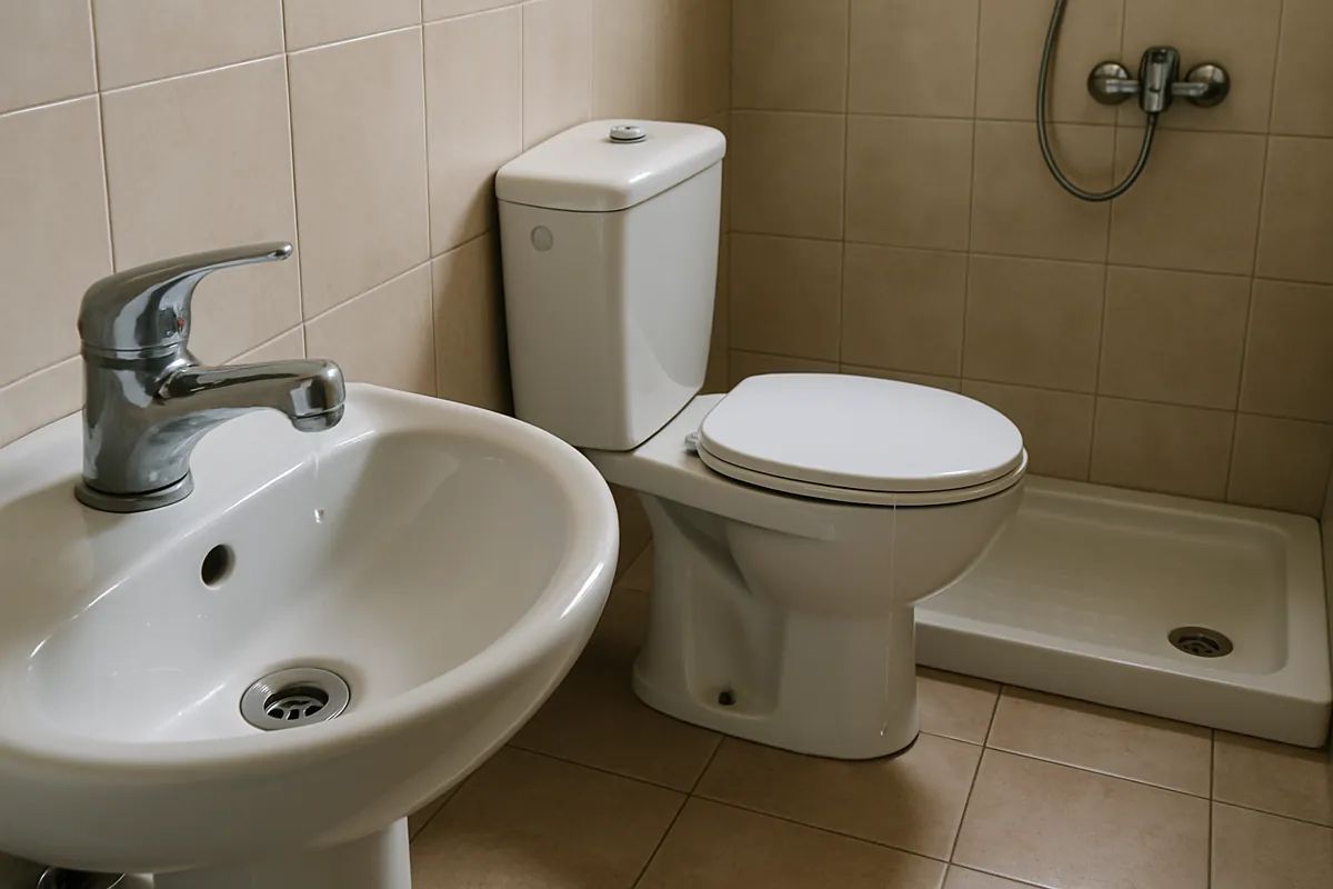 Grifo monomando, lavabo, inodoro y plato de ducha en un cuarto de baño