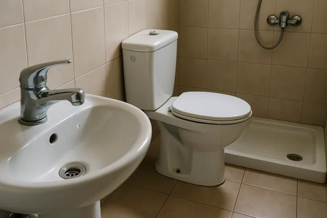 Grifo monomando, lavabo, inodoro y plato de ducha en un cuarto de baño