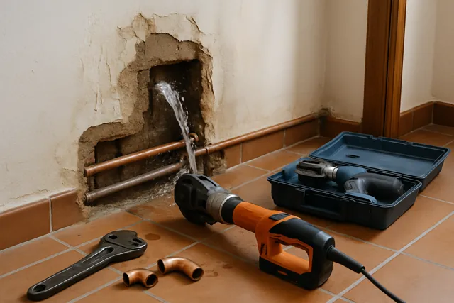 Tubería de cobre rota en una pared abierta con herramientas para sustituirla